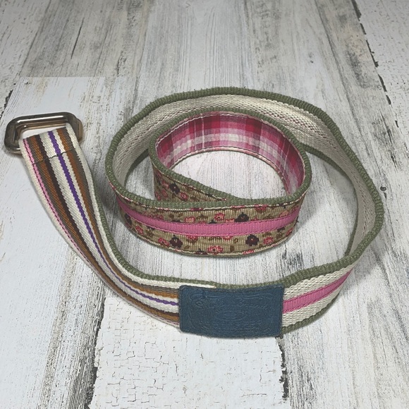 LUCKY BRAND BELT PLAID FLORAL STRIPE TAN PINK FABRIC WOVEN 41”TOTAL LENG… - Picture 3 of 7